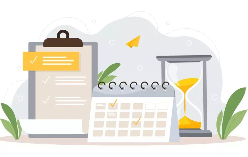 checklist, calendar, hourglass