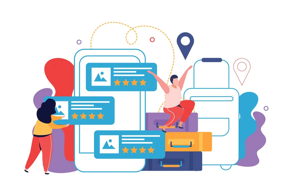 guests reading travel reviews on mobile phone