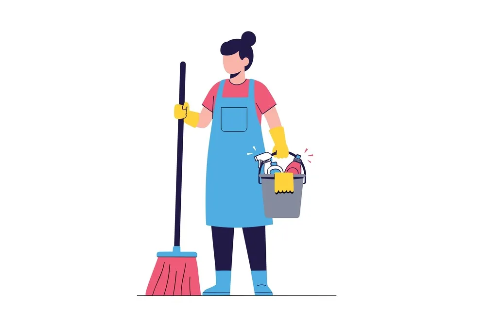professional housekeeper holding broom and bucket of supplies
