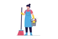 professional housekeeper holding broom and bucket of supplies