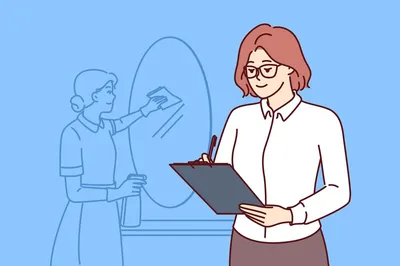 manager holding clipboard with checklist while supervising housekeeper cleaning mirror