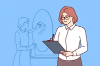 manager holding clipboard with checklist while supervising housekeeper cleaning mirror