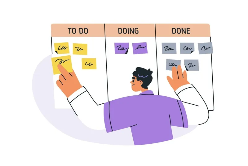 tracking tasks with sticky notes in columns labeled To Do, Doing, Done