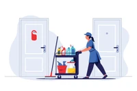 hotel housekeeper pushing cleaning cart past rooms
